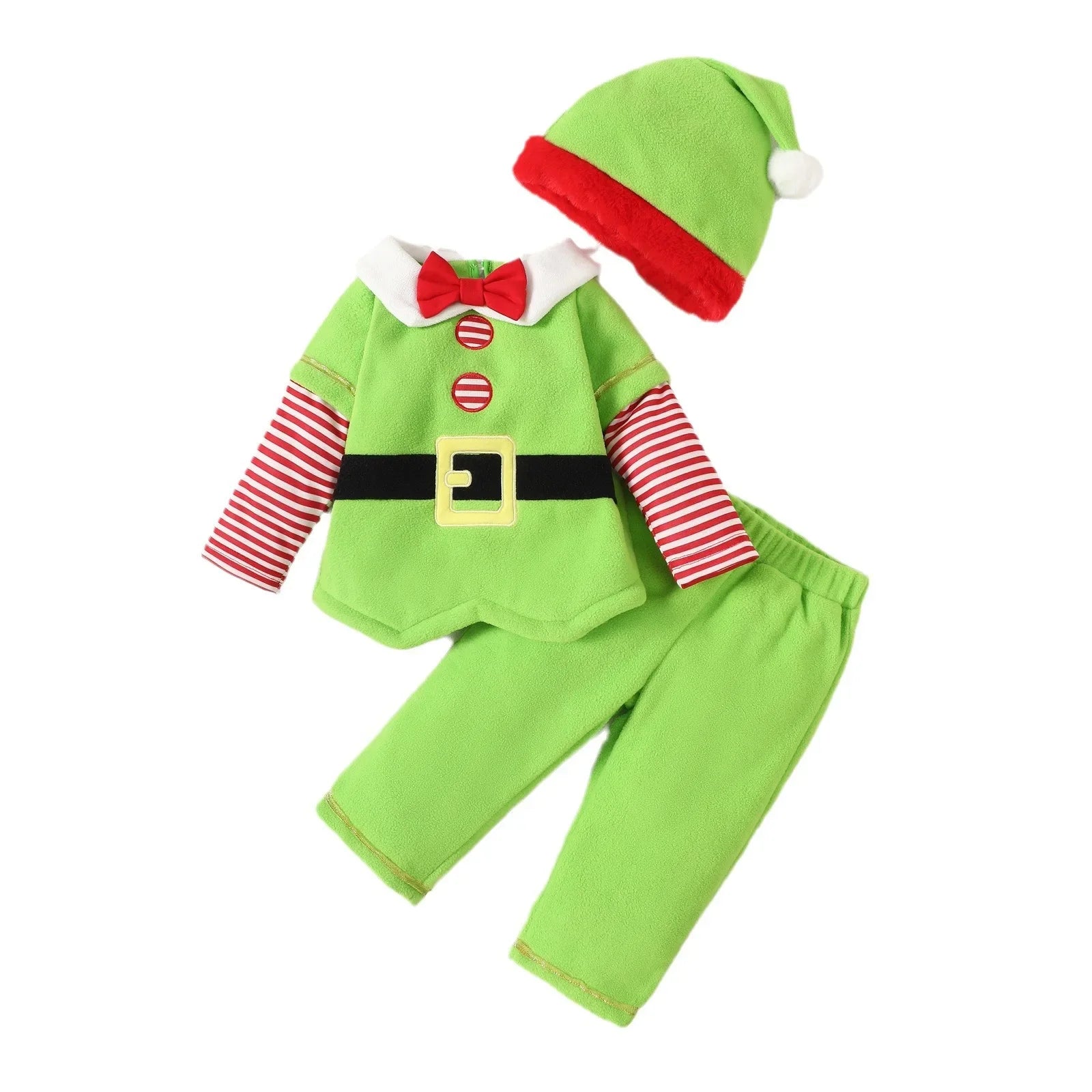 Christmas Baby Newborn Items Elf Costume 3Pcs Sets 0-4Y Baby Girl Boy Cotton Striped Patchwork Long Sleeve Pants Outfit with Hat