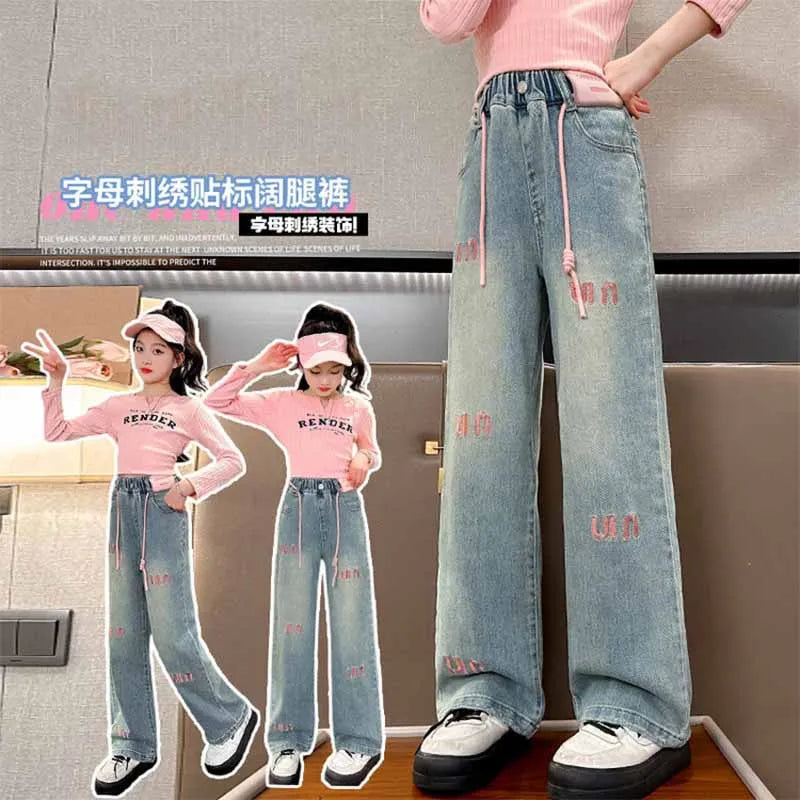 New Girls Letter Jeans Spring Autumn Kids Loose Fashion Casual Trousers Children Temperament Elastic Straight Pants 2-12 Years