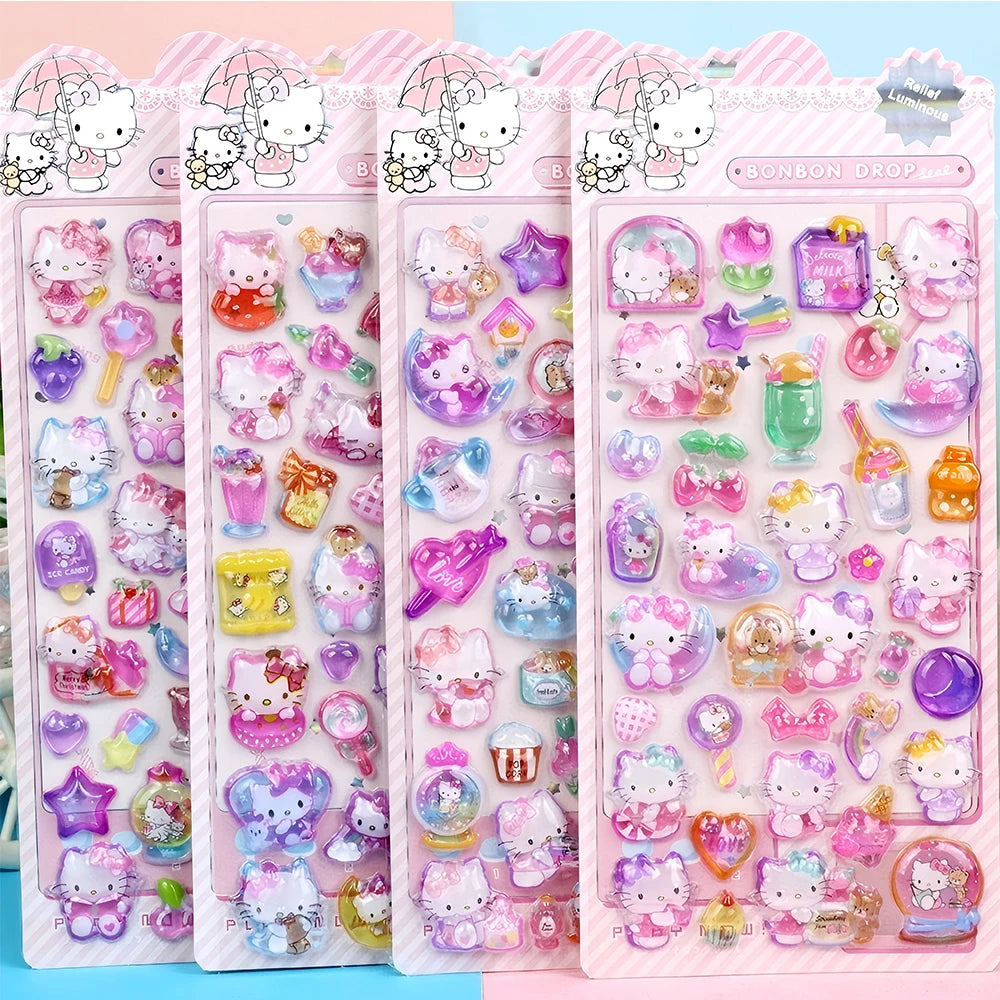 Kawaii 3D Sanrio Relief Stickers Cinnamoroll Kuromi My Melody Cartoon Crystal Sticker Cute Children Reward Stickers Gift