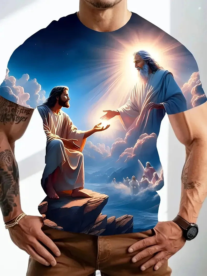 Men's 3D Jesus Print T-Shirt Short Sleeve Casual Crew Neck Praying Hands Design Tshirt For Men New In Oversized Tee Shirt Tops