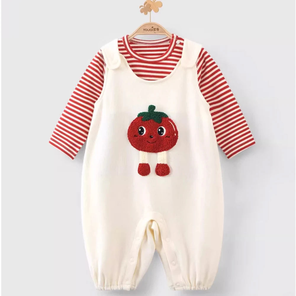 New Baby Set Spring and Autumn Cute Tomato Series Long Sleeve Base+Strap Pants Two Piece Combination Set Cute Style