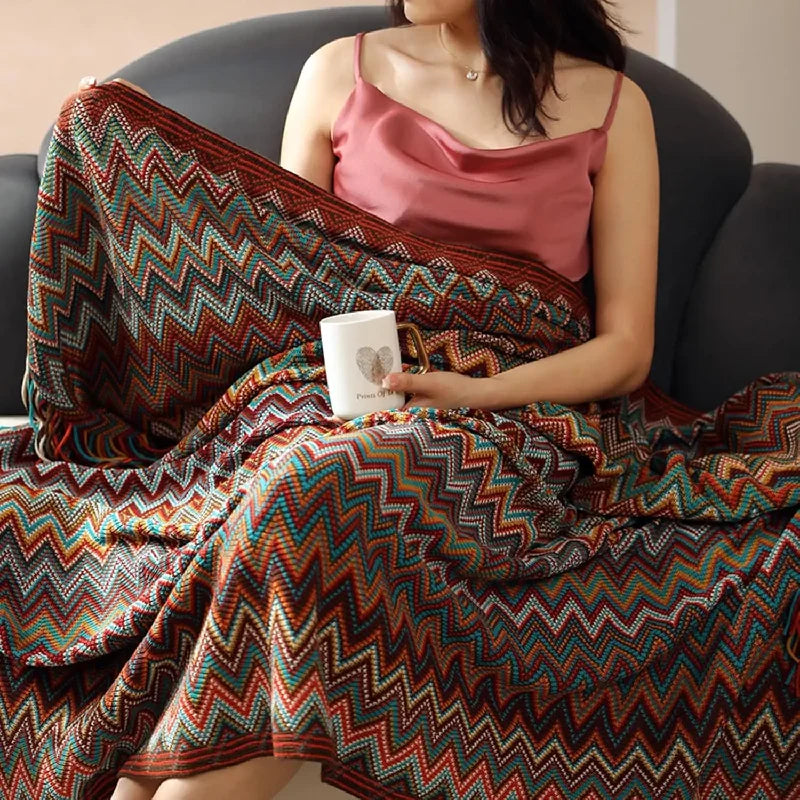 Bohemian Bed Blanket Knit Model Home Decoration, Colorful Striped Sofa Cover, Large Size Bedspread, Hotel Bed End Towel Cover