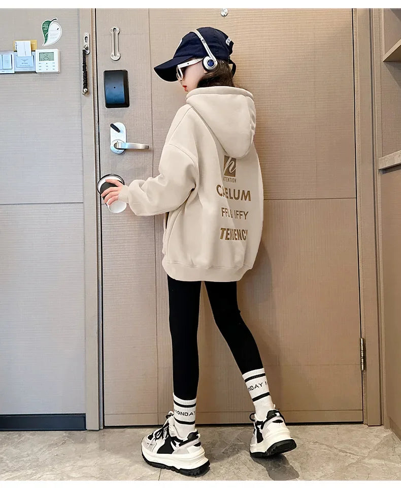 2025 girls clothes autumn winter sweatshirt bear t-shirt hooded + stretch pants leggings teens children set 8 9 10 11 12 year