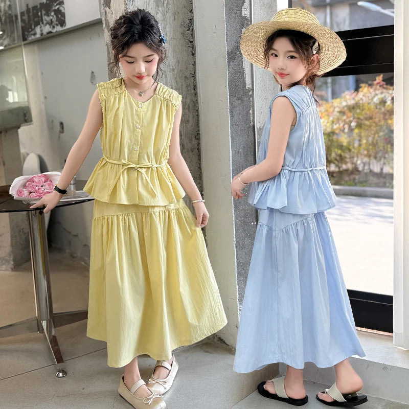 Children Clothing Sets for Girls Summer Teenages Kids Clothes 5-14 Year Girls Fashion Drawstring Sleeveless Top and Skirt Suit