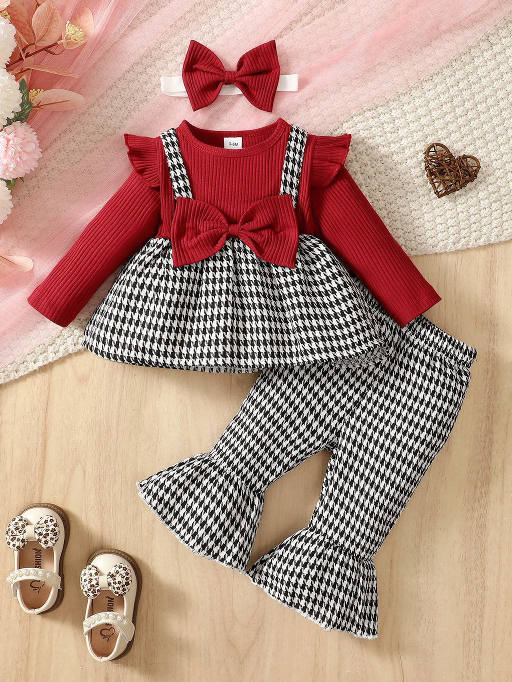 Baby Girl Autumn/Winter Fashion Cute Round Neck Thousand Bird Grid Color blocked Lotus Leaf Side Sleeve Fake Two piece Strap Ski