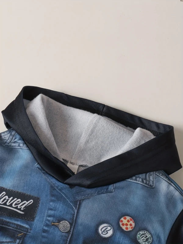 Toddler Boy's Spring and Autumn Outfit: Denim Printed Hoodie + Black Cuffed Pants, Trendy Fake Two-Piece Set for Boys