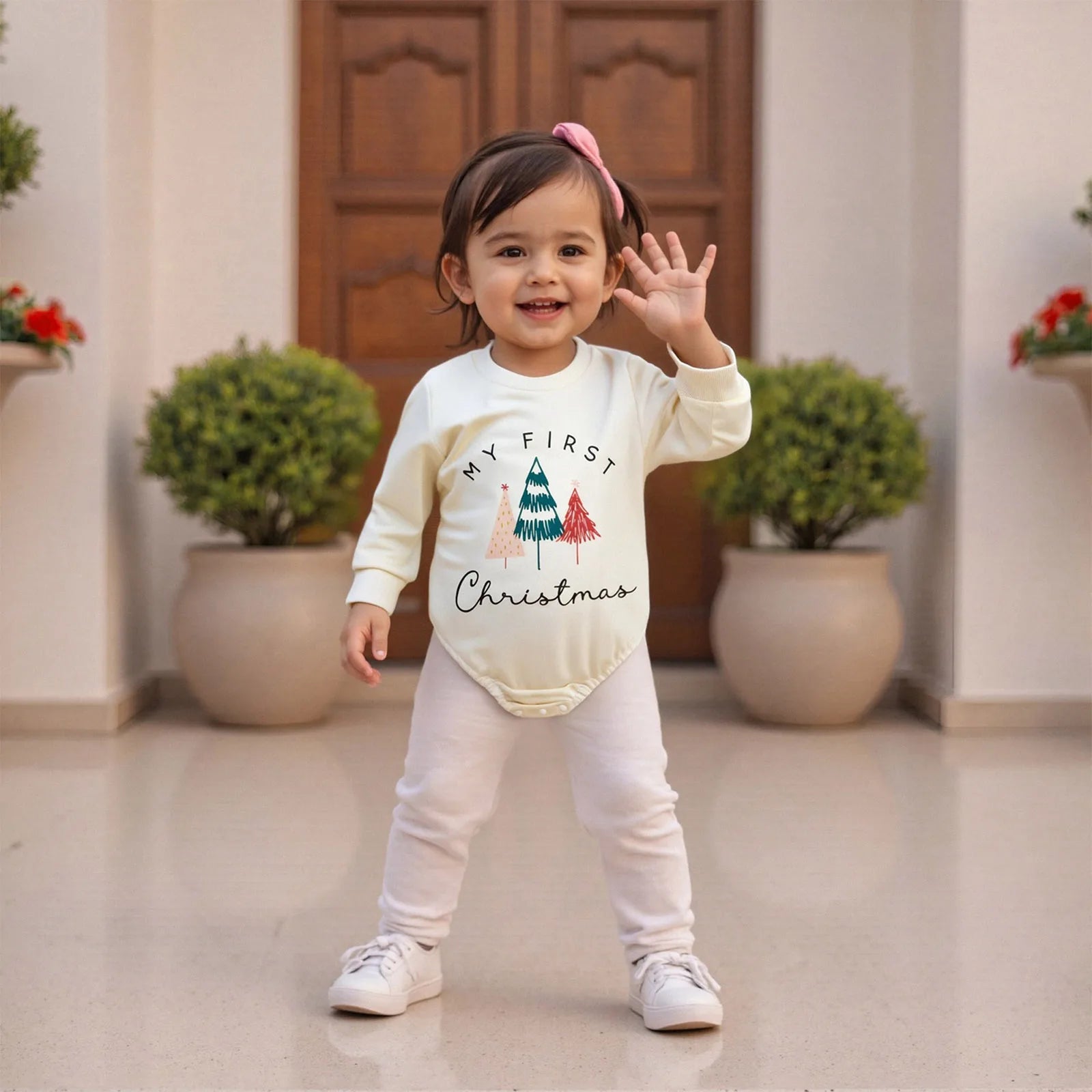 Christmas Infant Baby Rompers Cute Long Sleeve Round Neck Letter Tree Print Jumpsuit