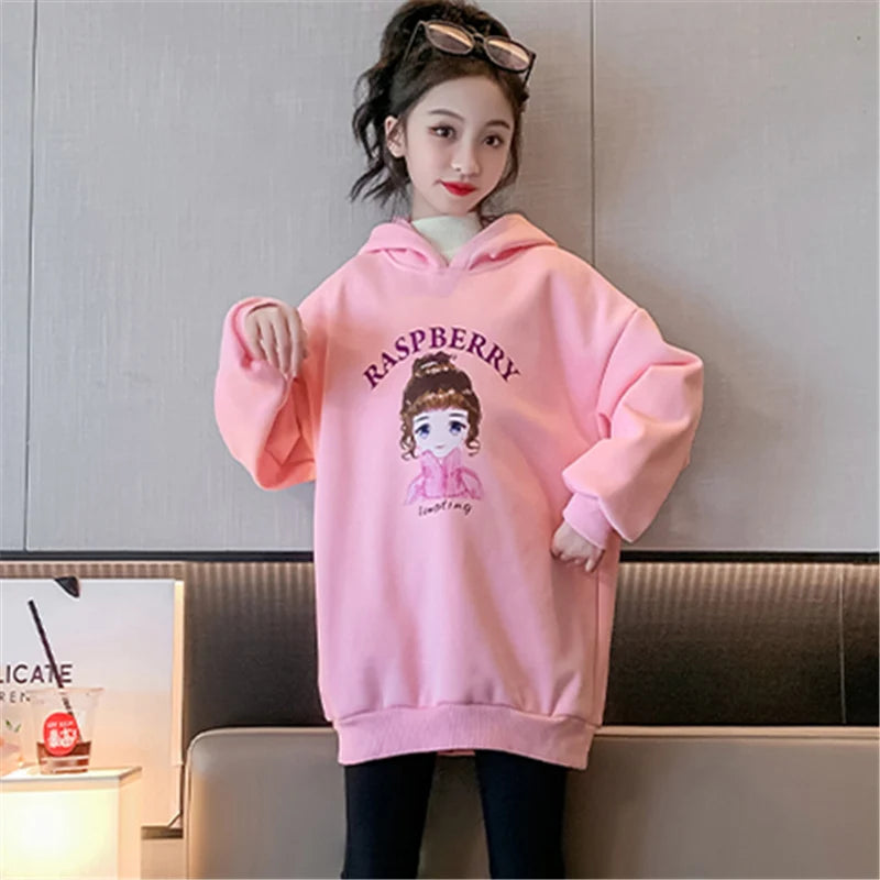 Teenage Girls Hoodies Sweatshirts Cool Girl Warm Insulated Outerwear with Cartoon New Winter Thicken Clothes Cotton Hooded Tops