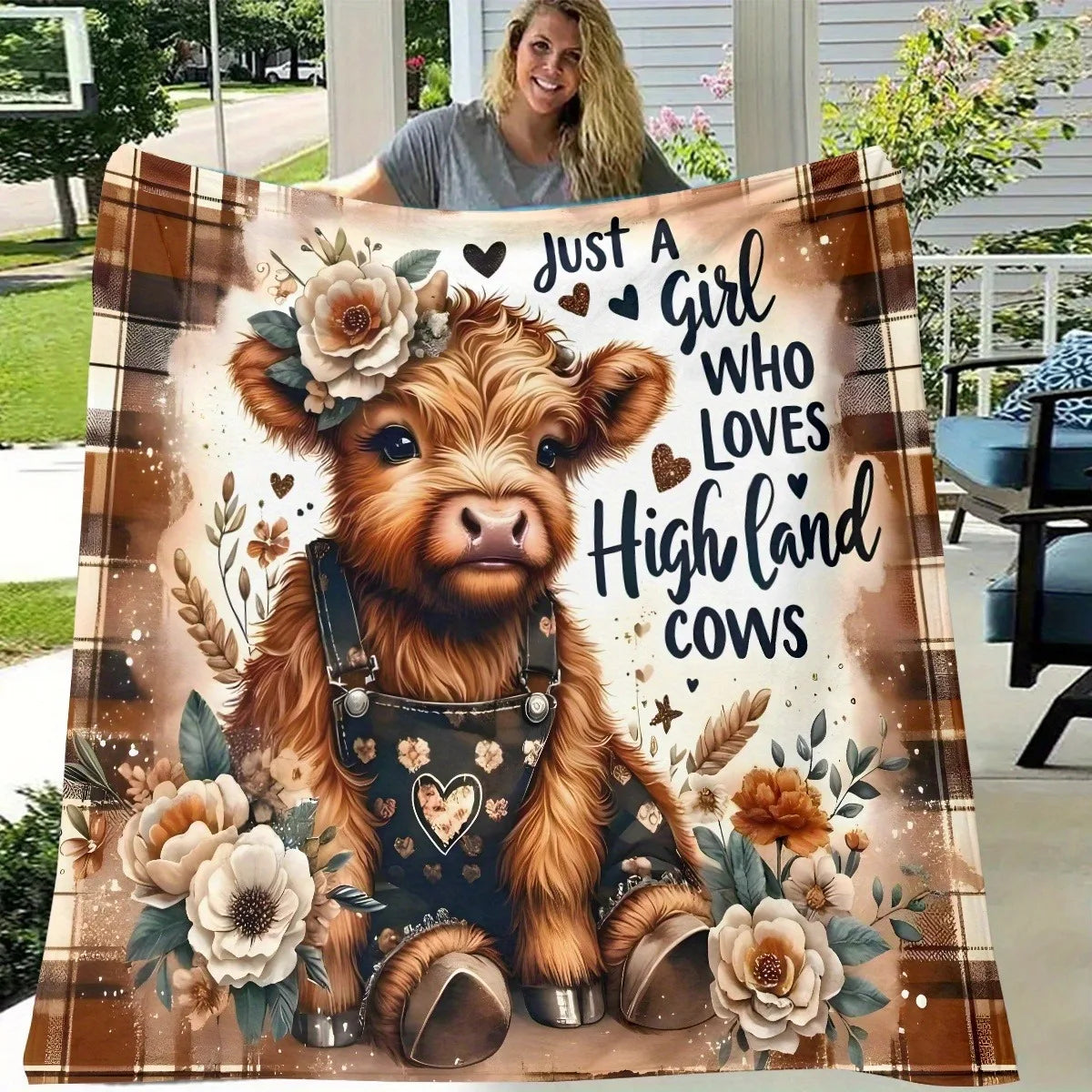Flannel Blanket Multiple Sizes 2D Print Bohemian Highlands Cow Flowers Heart Soft Warm Sofa Bed Travel Camping Gift