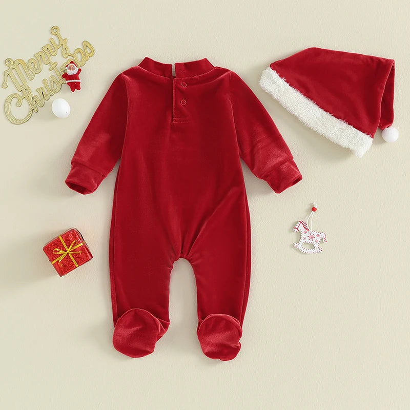 Baby Christmas Outfit Long Sleeve Semi-high Neck Santa Claus Footie Jumpsuit with Hat 2-piece Outfit for Boys Girls