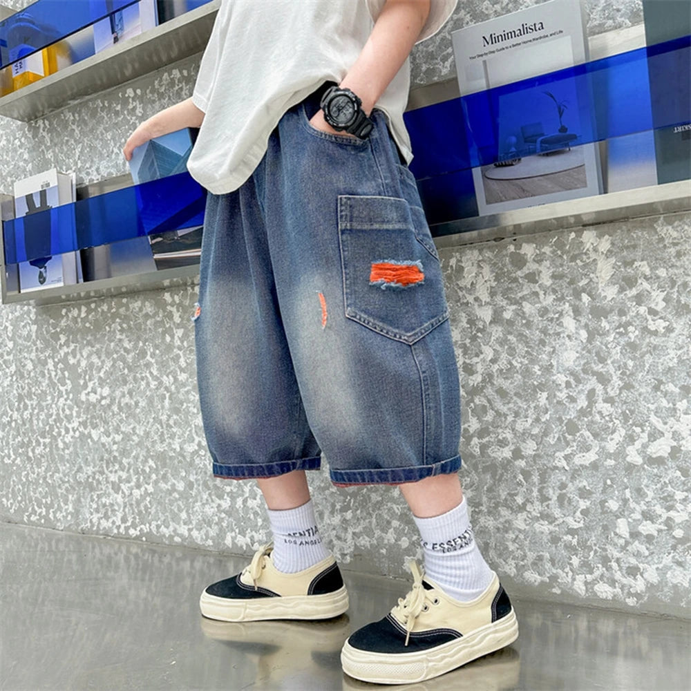 Teen Boys Shorts New Casual Alphabet Cotton Thin Denim Ffabric Children Short Jeans Clothing for Boy 4 6 8 10 12 14 16 Years