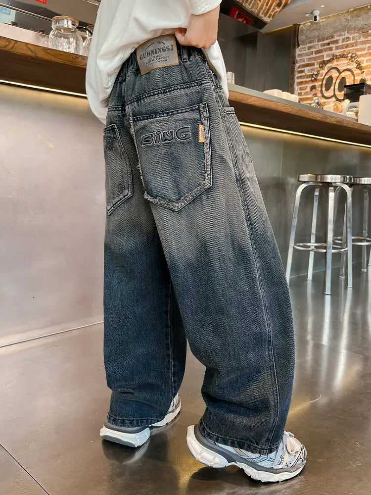 New Teenagers Boys Jeans Children Wide Leg Denim Pants for Kids Loose Pockets Trousers Spring Autumn 4 6 8 10 11 12 13 14 Years