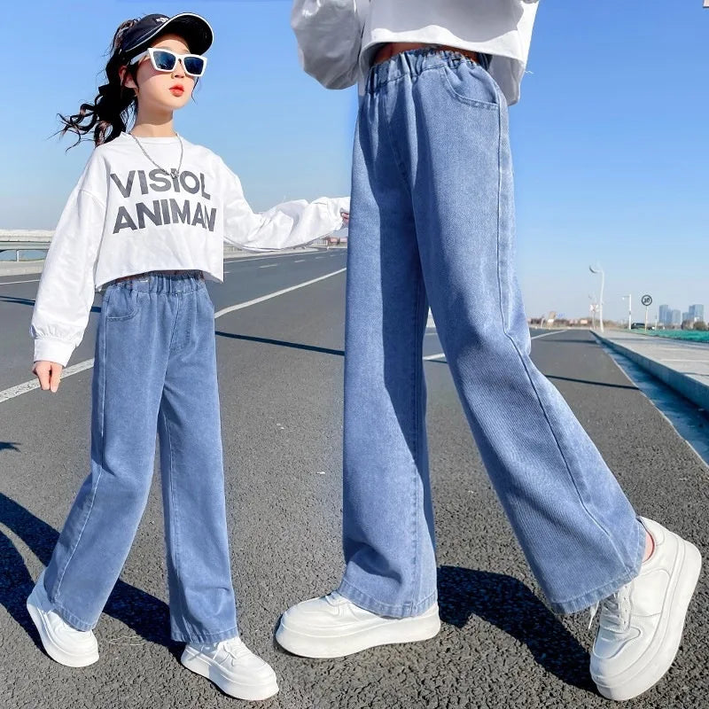 Girls Jeans spring autumn Casual Loose Side Gradient Color Young Children hole Wide Leg Pants3-12Years Teen School Kids Trousers