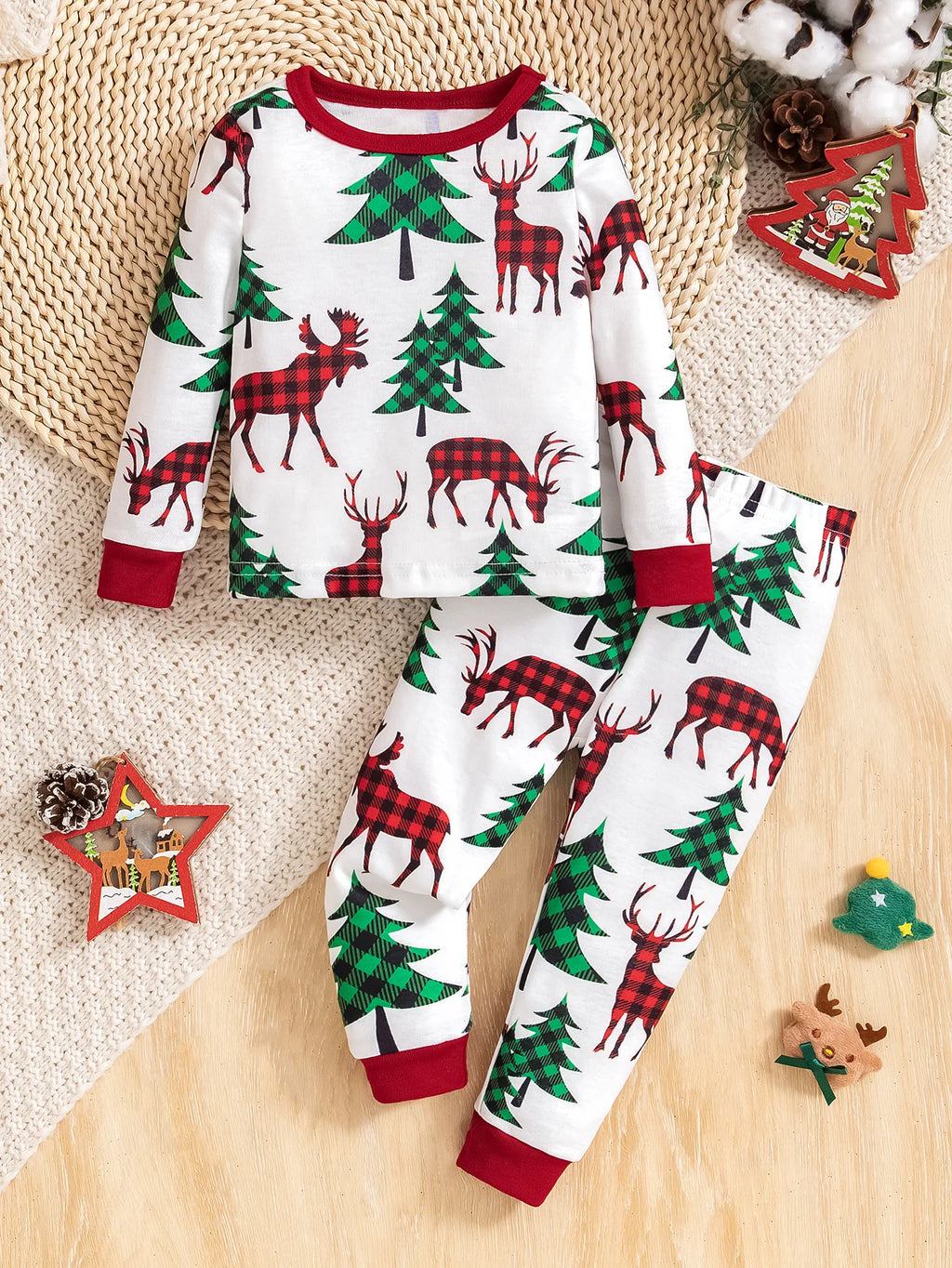 Baby boy's Christmas themed outfit with reindeer and Christmas tree pattern long sleeved pants set