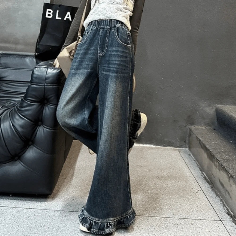 Wide Leg Pants Teen Girl Jeans Straight Long Loose Children Ruffled Jeans High Waist Streetwear Girls Denim Trousers Girls Gift