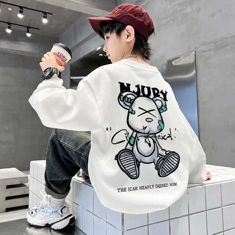 2025 Kids Clothes Boys Cartoon Bear Sweatshirts Loose Sports Round Neck Tops Autumn Clothing T Letter Printed Long-sleeve Hoodie