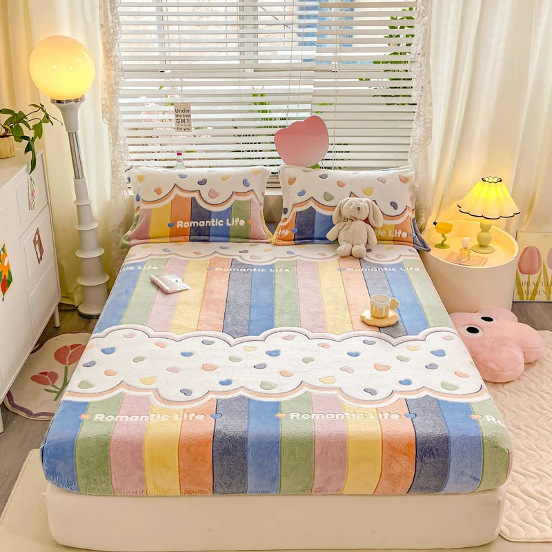 Bedspreads Milk Velvet Fitted Sheet Thick Flannel Warm Headboards All-Around Elastic Double Bed Sheets Bed Cover Mattress Cover