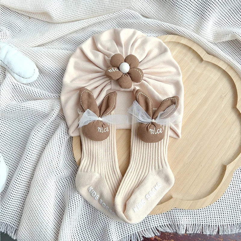 0-12 Months Baby Newborn Turban Cap Socks Set Cute Flower Princess Girl Indian Caps Cartoon Rabbit Ears Cotton Socks Kids Sokken