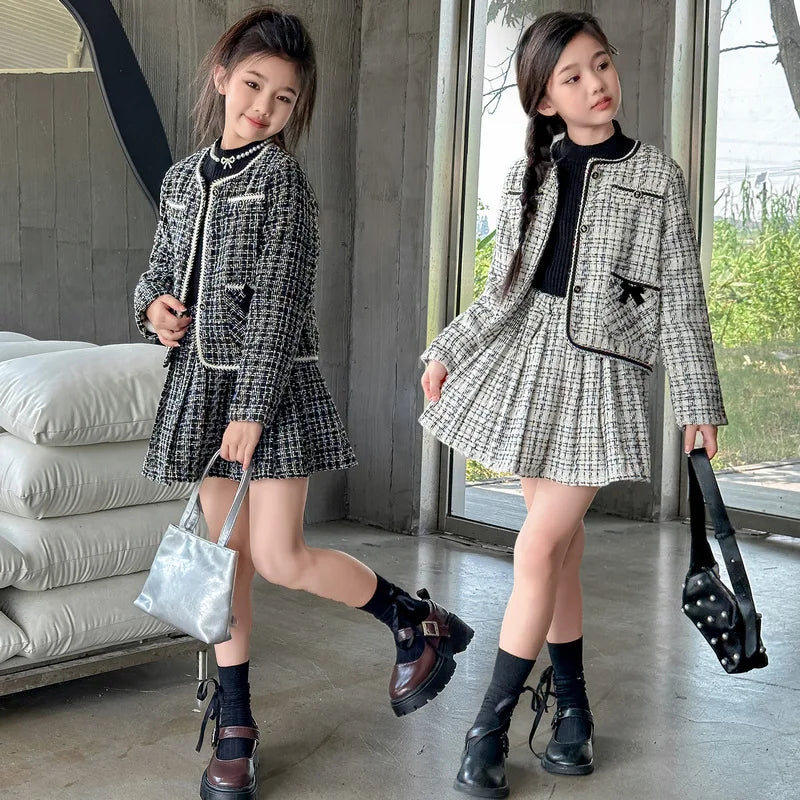 Teen Girls Skirts clothes sets French design Round neck jacket+Pleated skirt 2pcs fashion junior kid suit child outfits 4-14Y