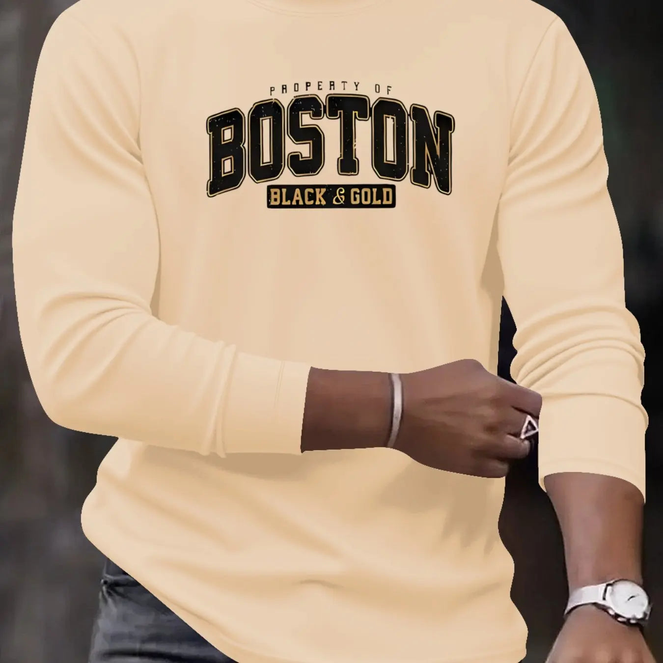 Men's 100% pure cotton loose and comfortable casual sports Los Angeles letter pattern printed round neck long sleeved T-shirt