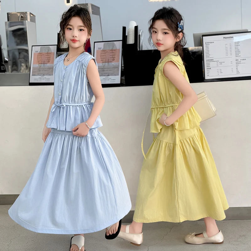 Children Clothing Sets for Girls Summer Teenages Kids Clothes 5-14 Year Girls Fashion Drawstring Sleeveless Top and Skirt Suit