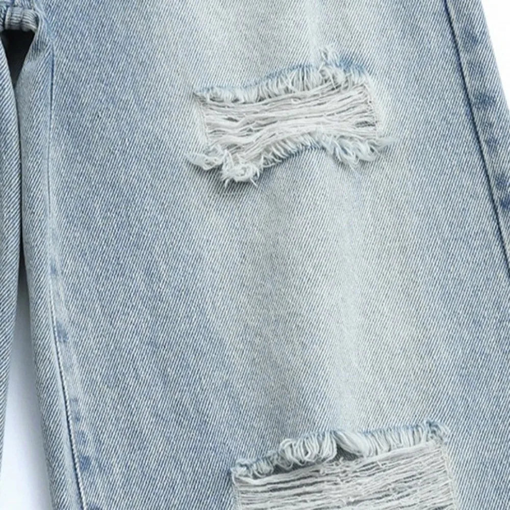 Ripped Wide Children Jeans Straight Loose Leg Blue Teen Girl Jeans High Waist Streetwear Girls Denim Trousers Kids Children