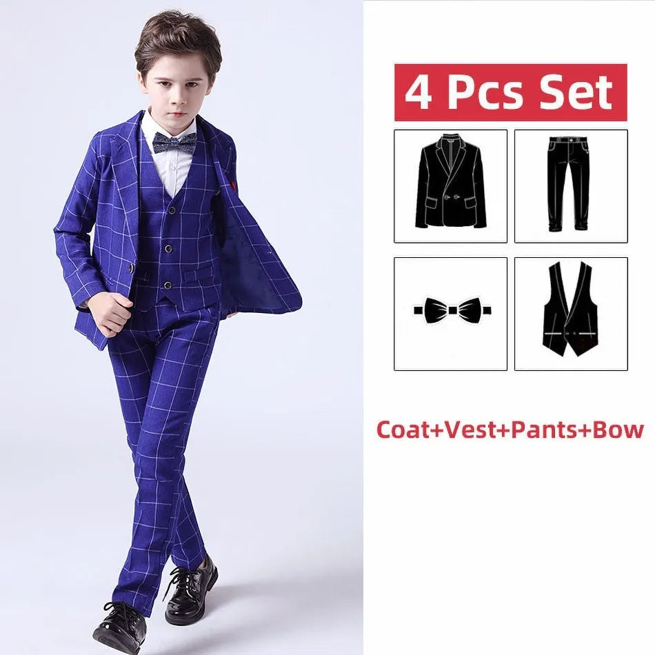 Teenager Costume Boy Young Blazer Children Elegant Party Suit Baby Blue Gray Red Plaid Birthday Tuxedo Gentlemen Pageant Outfits