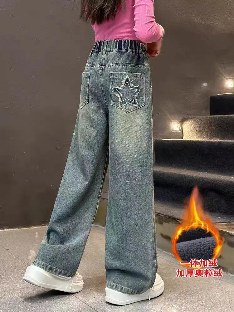 3-14 Years Teenage Pants For Girls Roupa Infantil Menina Winter Fleece Children Jeans Kids Denim Trousers Girls Clothing