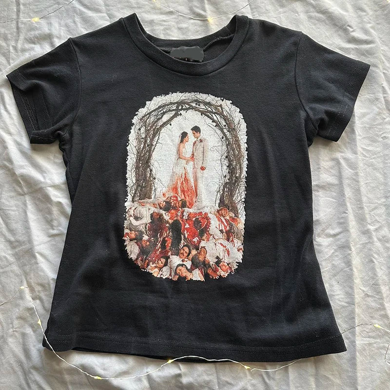 women's 90s T-shirts Fashion Goth Baby Tees Crop Tops  2000s Emo girls Y2k style clothes Harajuku print grunge Short Tops