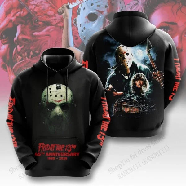 Men's Hoodie 3D Hockey Mask Print 45th Anniversary Edition 1980-2025, Horror Movie Streetwear Pullover for Halloween Cosplay