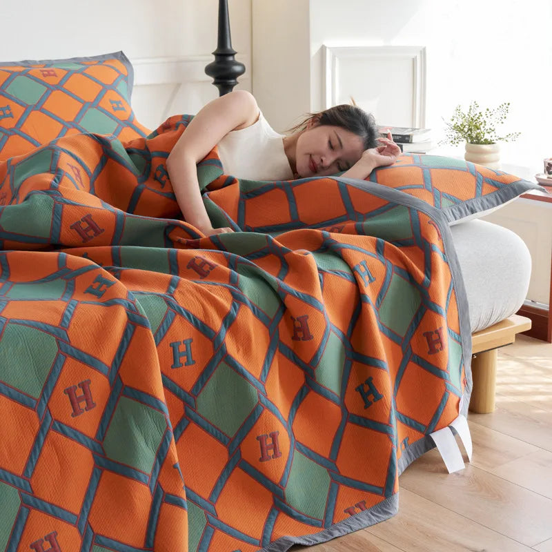 Vintage Cotton Jacquard Triple-Layer Gauze Blanket Soft Skin-Friendly Bedspread,Lightweight Nap Throw for Home, Travel, Office