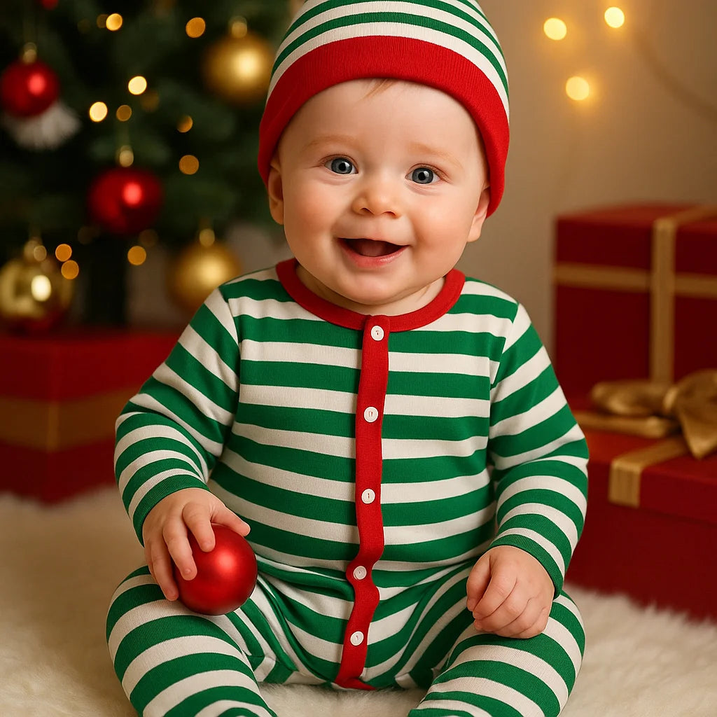 2025 Christmas Costumes Baby Boys Girls Romper Clothes Set 2 Pcs Cotton Striped Jumpsuit+Hat Infant Bodysuit For Newborn Onesies