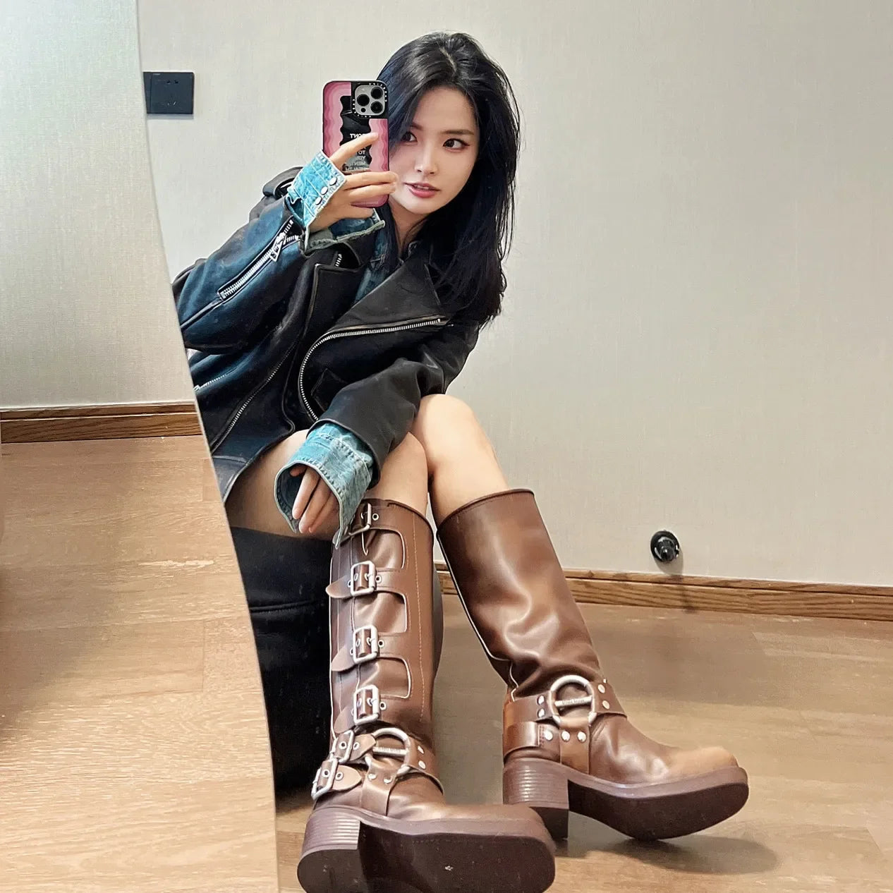 Four Seasons Belt Buckle Retro High Boots Fashion Boots Women's Boots Long Boot Chunky Heel Height Increasing Shoes botas mujer