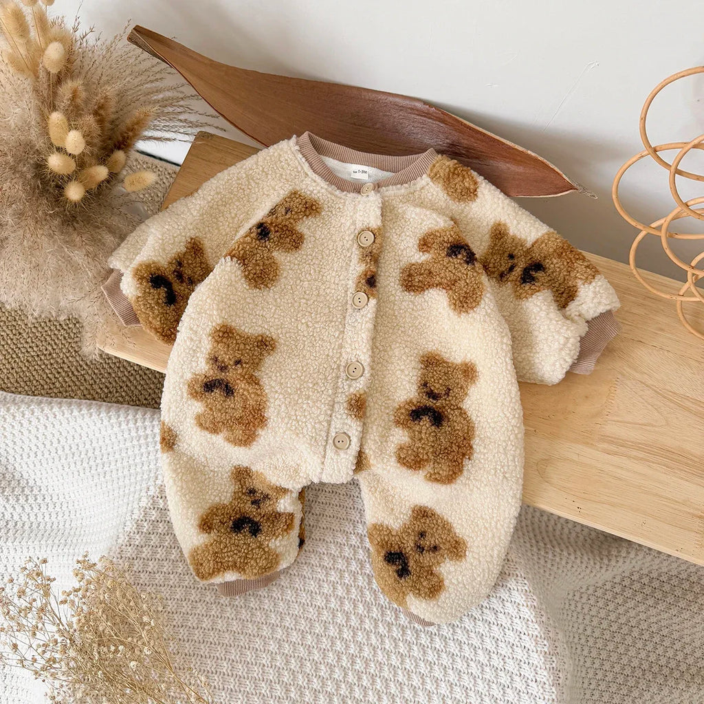 Lamb Fleece Cute Bear Printed Baby Jumpsuit Winter Newborn Baby Girls Boys Long Sleeve Crawling Suit
