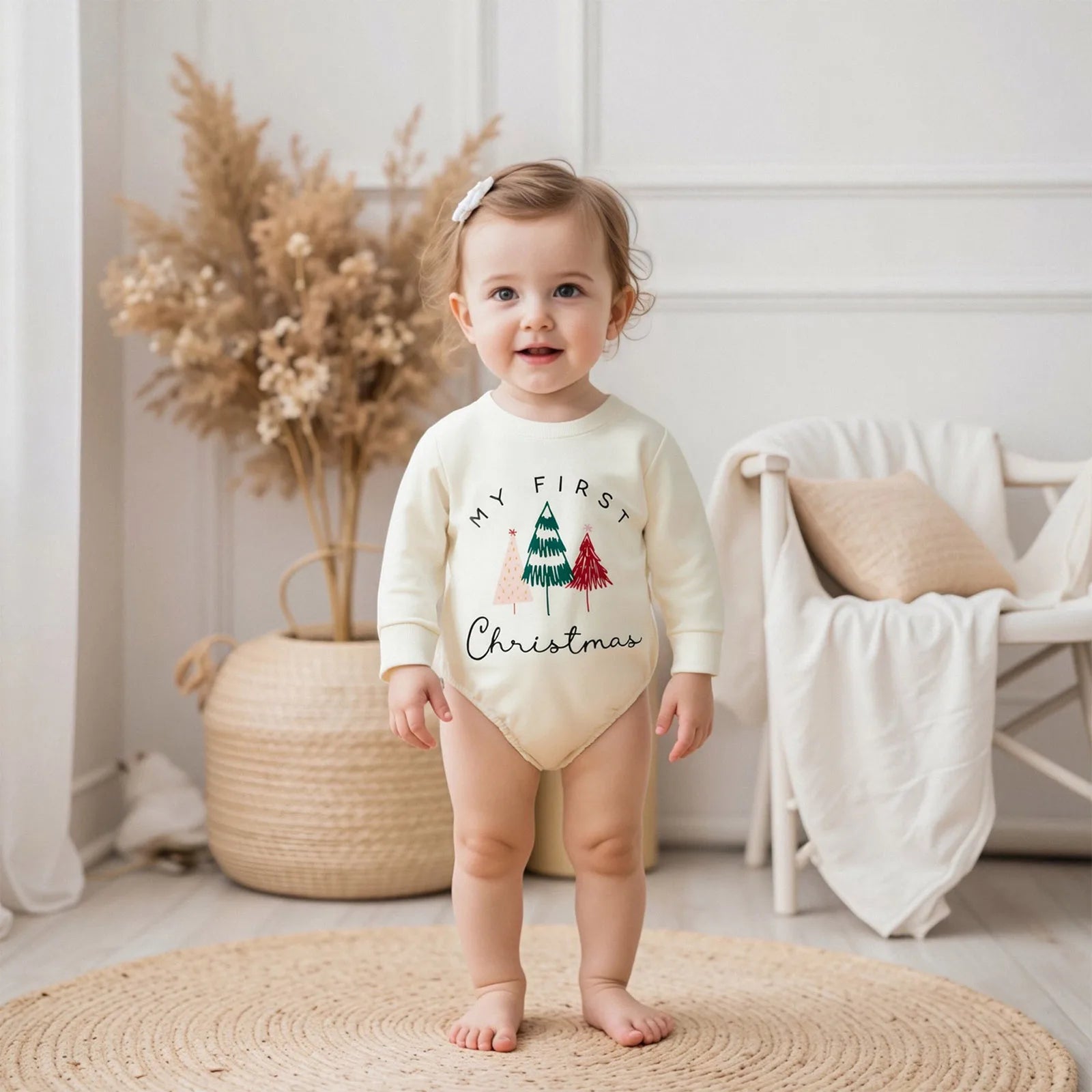 Christmas Infant Baby Rompers Cute Long Sleeve Round Neck Letter Tree Print Jumpsuit