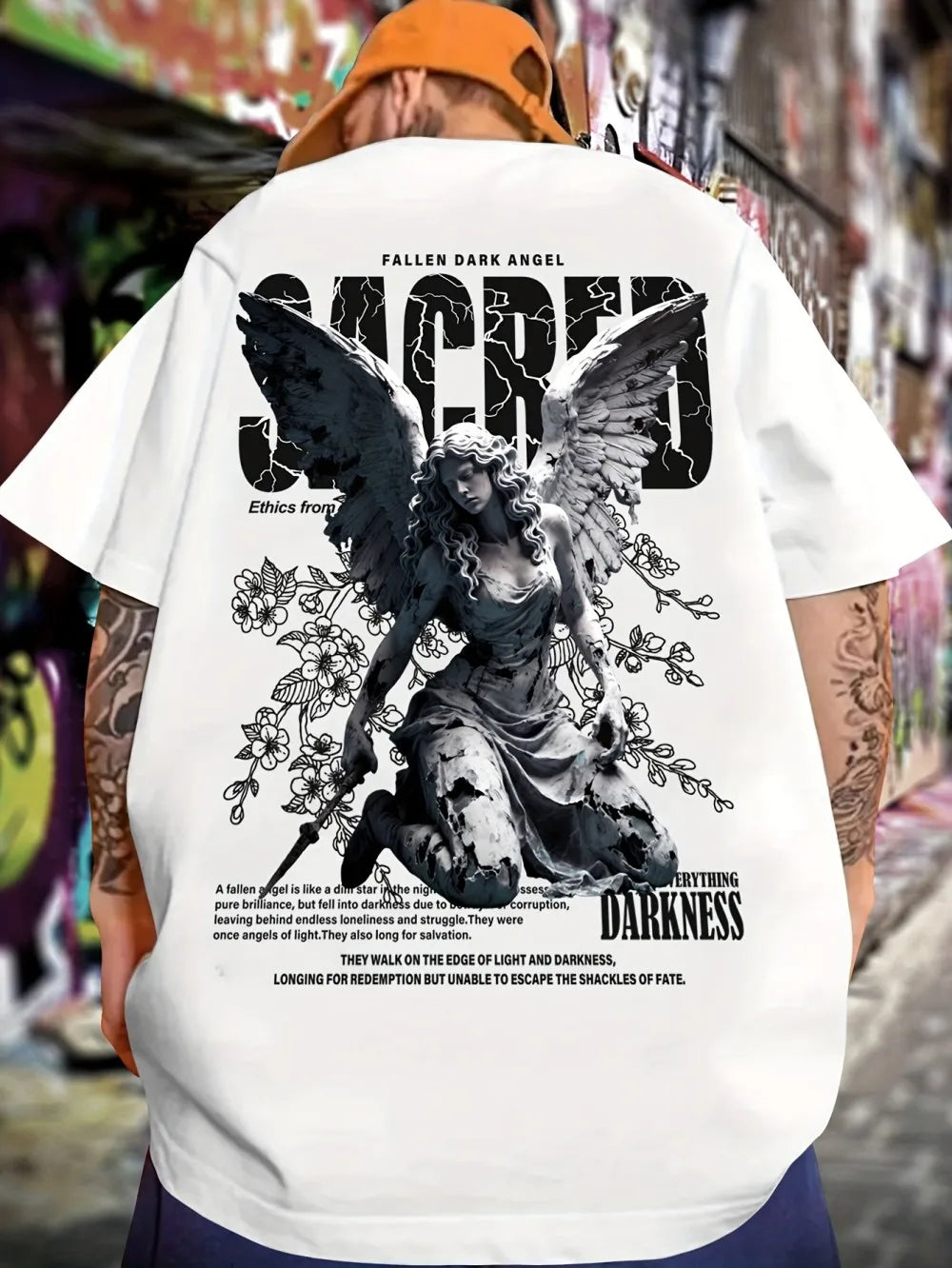 Summer fashion men's personalized angel letter print micro elastic breathable round neck T-shirt outdoor street versatile top