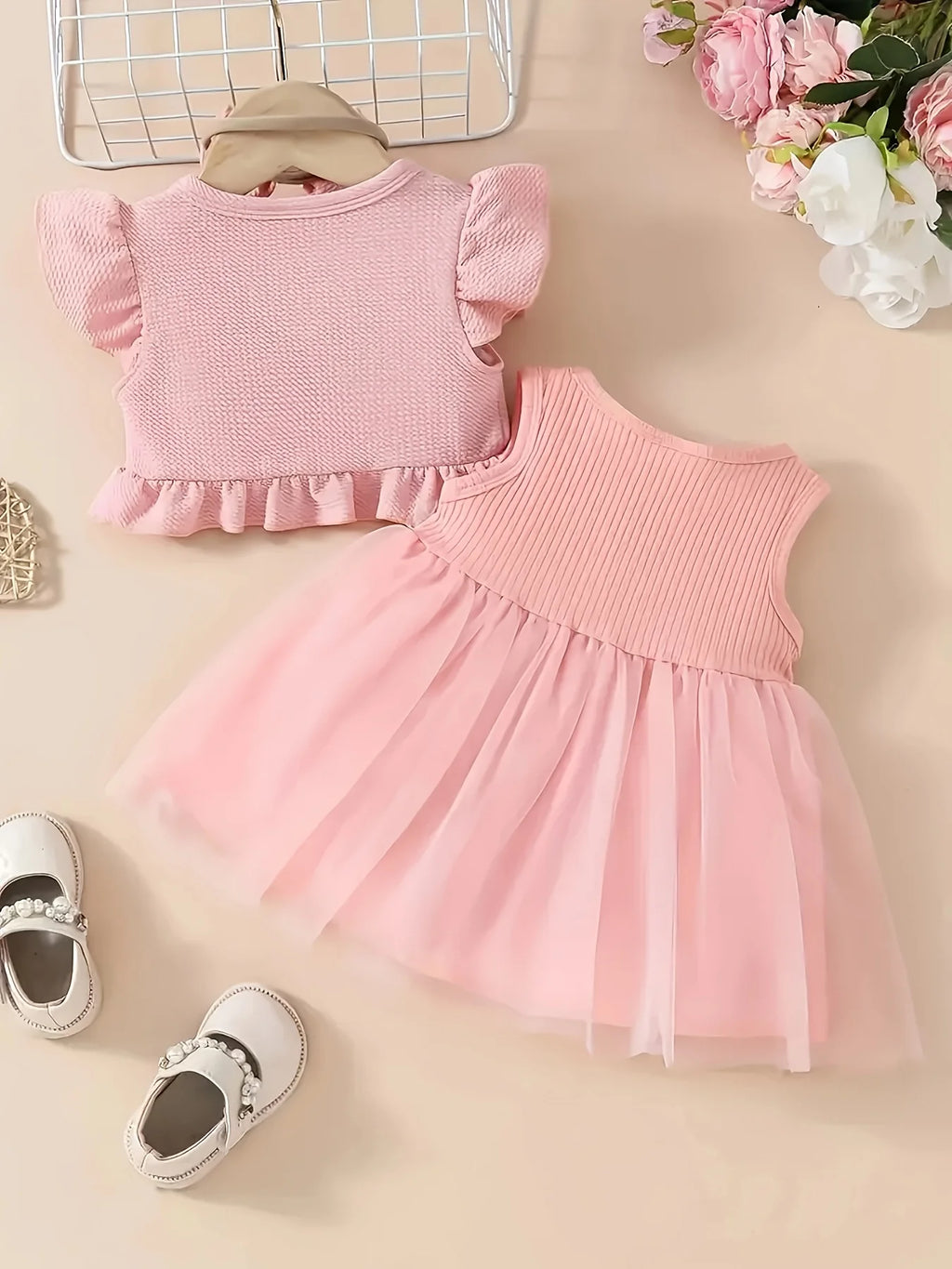 Little Princess Summer Flower net gauze dress, bow hairset, small cardigan coat three-piece set