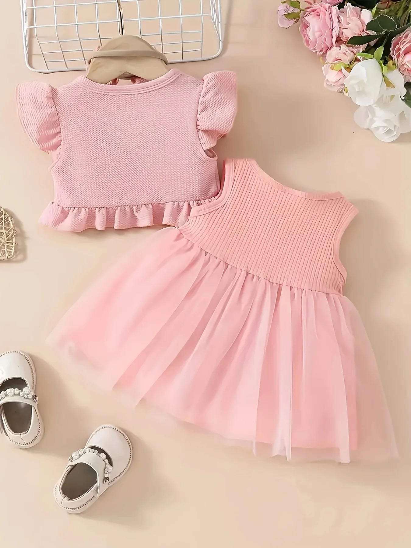 Little Princess Summer Flower net gauze dress, bow hairset, small cardigan coat three-piece set