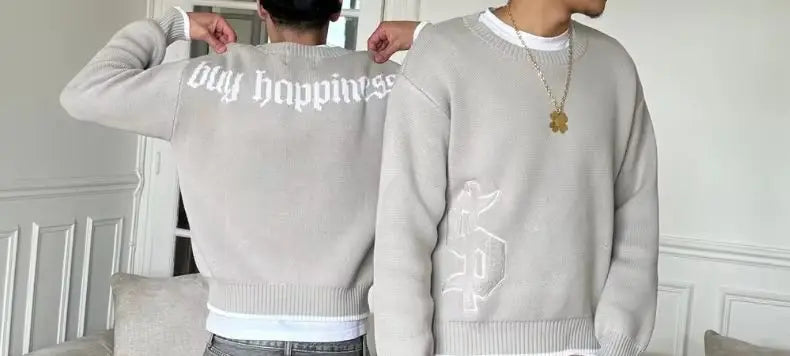 Korean Version Of Grey Long-sleeved Sweater Embroidered Pullover Gothic Retro Casual Fashion New Men's Square Knitting Clothing