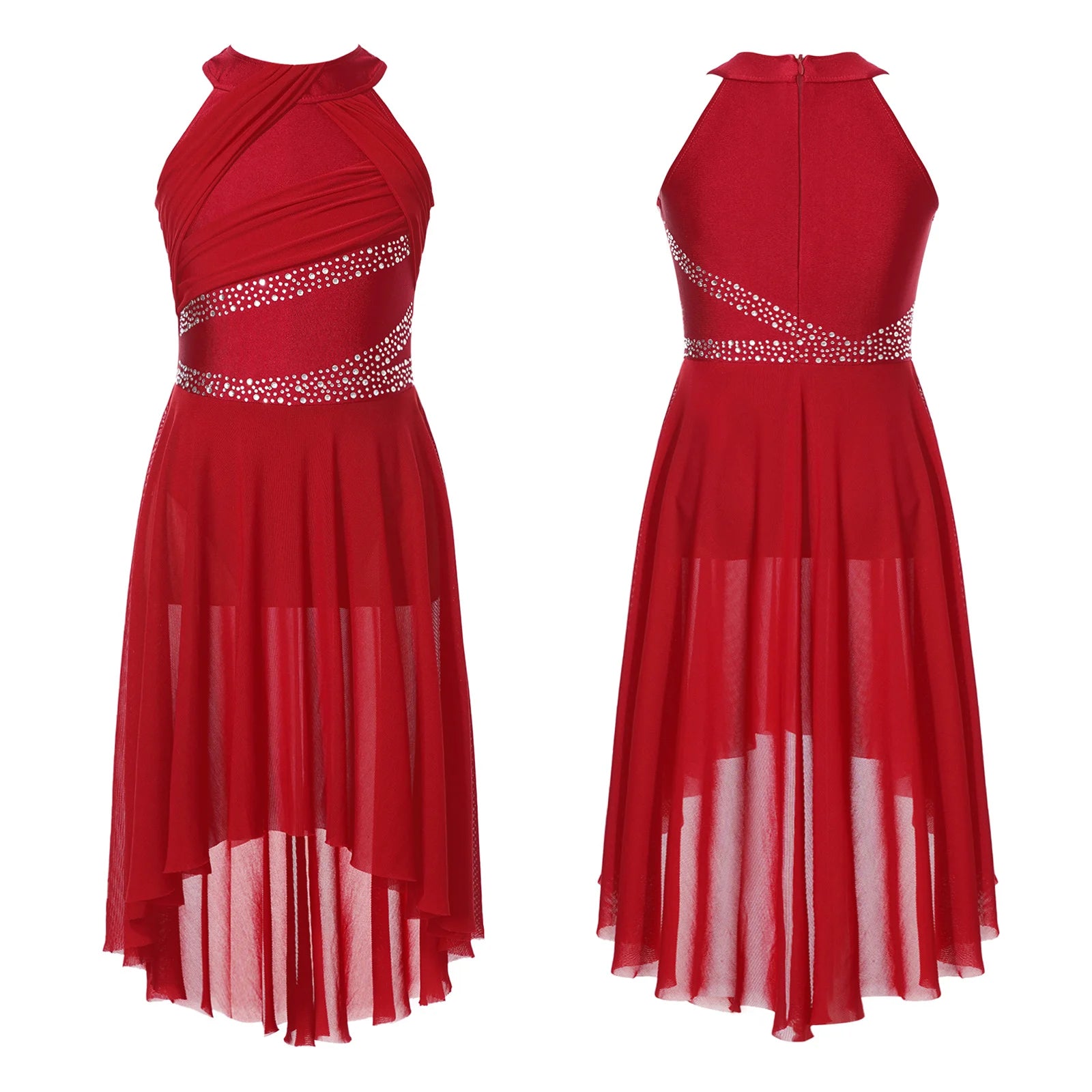 Teen Girls Modern Lyrical Dance Dress Latin Ballet Gymnastics Skating Clothes Sleeveless Shiny Rhinestone Ruched Leotard Tutu