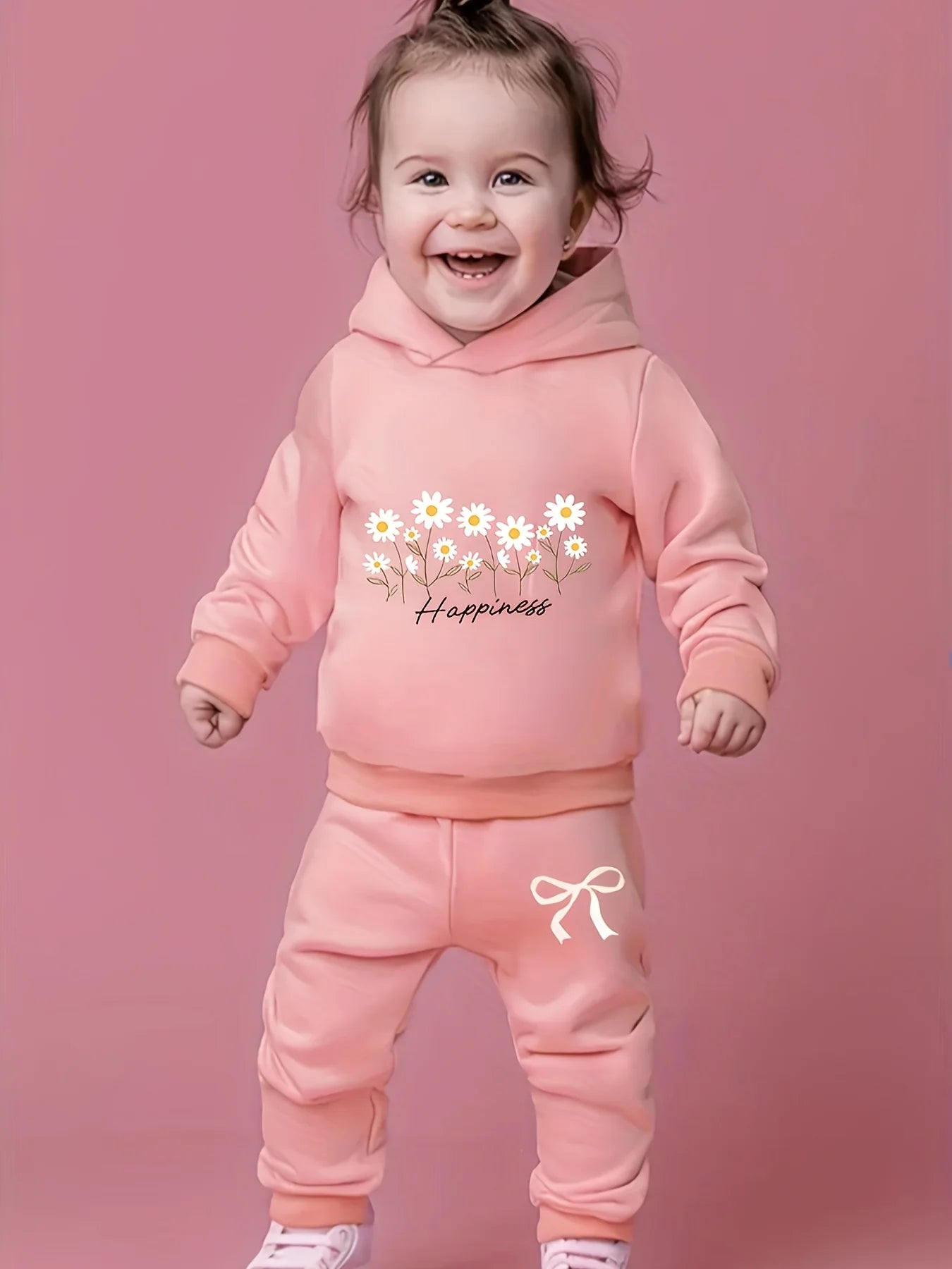 Adorable Baby Girl Print Fleece Sweatshirt And Fashionable Sporty Trousers Set for Autumn Winter Outdoor Activities Newborn Gift