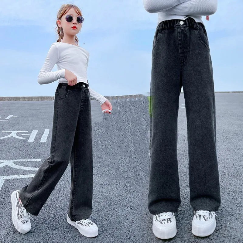 Teenage Girls Jeans 2025 Spring Autumn Casual Fashion Loose Blue Kids Leg Wide Pants School Children Trousers 6 8 10 12 Year