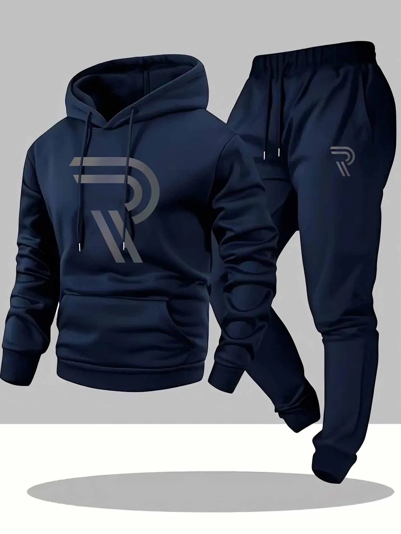 Men's Sporty Two-Piece Set Hoodie And Pants Gray Black Logo Non-Stretch Regular Fit with Pockets for Fall_Winter tracksuit men