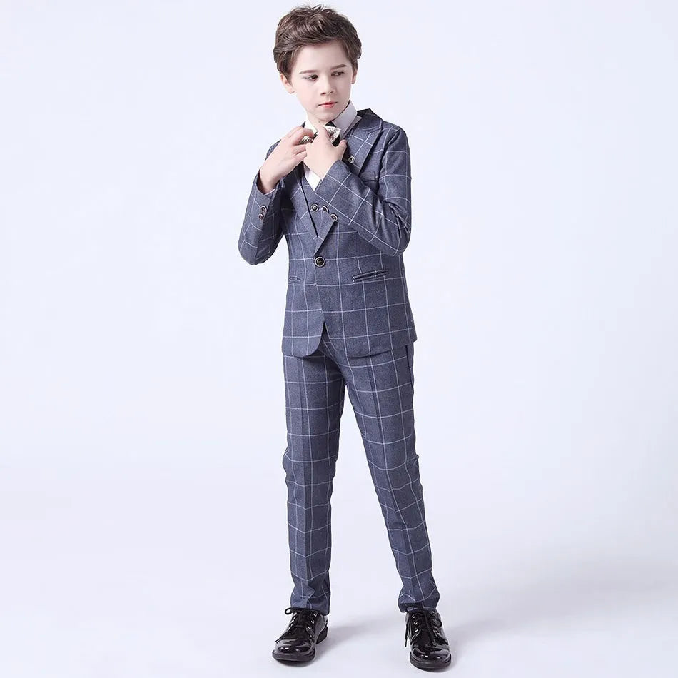 Teenager Costume Boy Young Blazer Children Elegant Party Suit Baby Blue Gray Red Plaid Birthday Tuxedo Gentlemen Pageant Outfits