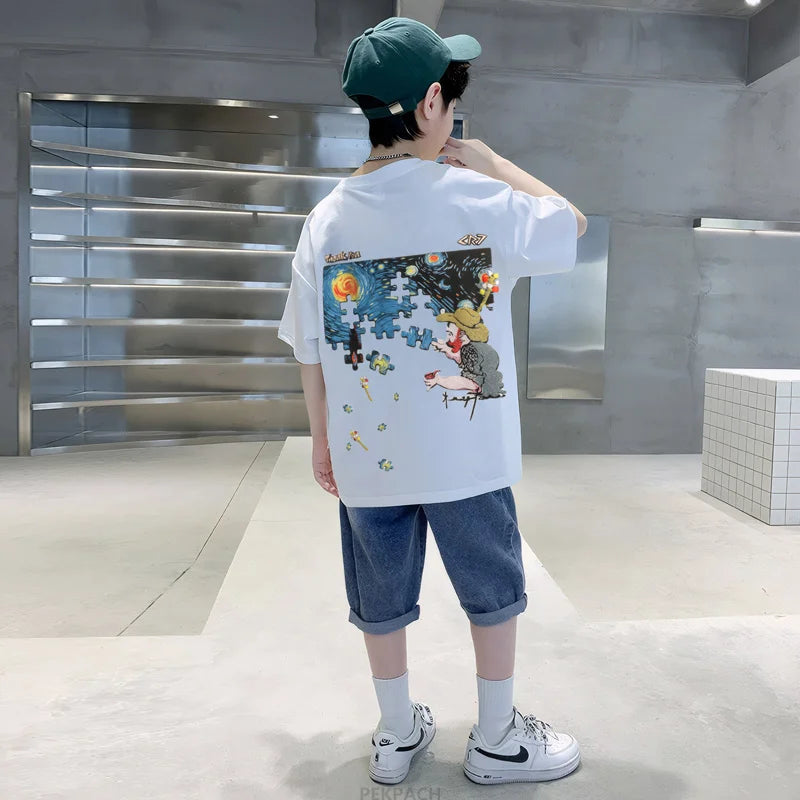 Big Boys Sets Clothing Kids Short Sleeve Cotton T-shirt And Shorts 2 Pieces Outfits Set Teenage Children Casual Summer Outerwear