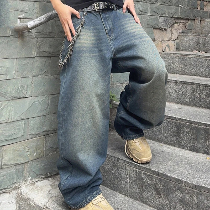 Vintage Men y2k Stretchy Baggy Denim Jeans For Men Fashion Casual pants Streetwear Denim Hip Hop Wide-Leg Straight Trousers