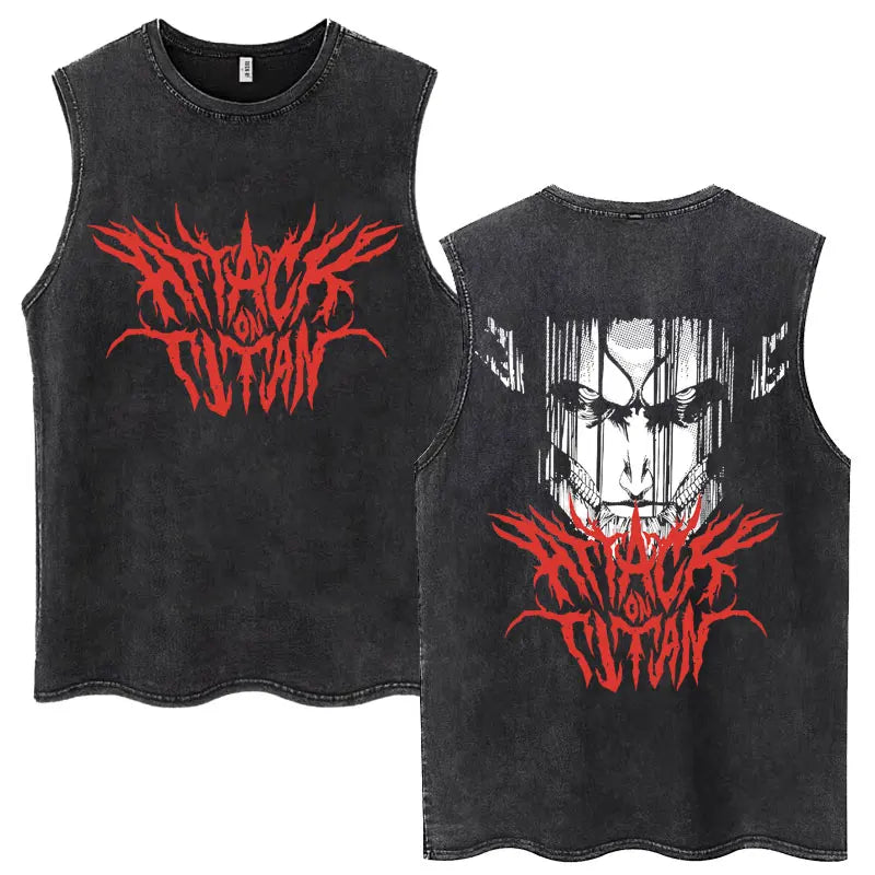 Washed Anime Attack on Titan Vintage Tank Tops Eren Yeager Shingeki No Kyojin Sleeveless T Shirt Men's Cotton Loose Y2k T Shirts