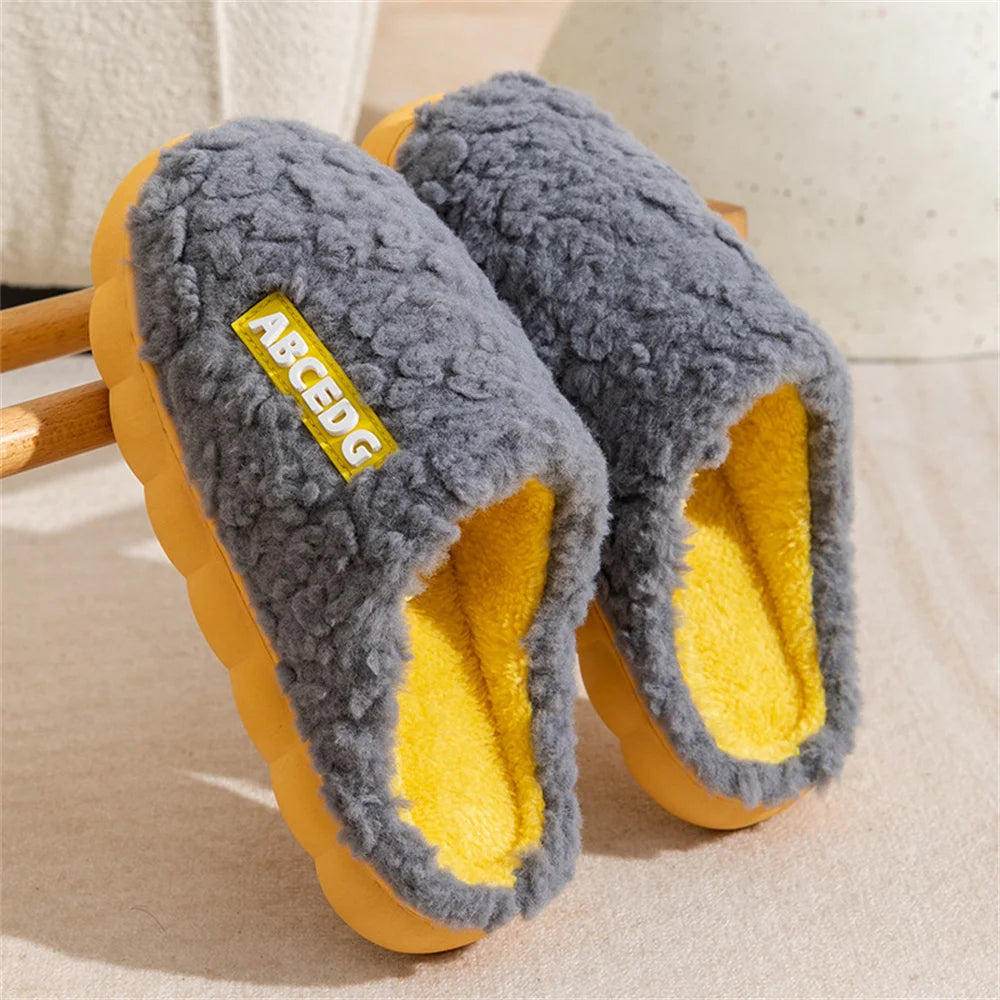 Fashion Winter Plush Couple Cotton Slippers for Women Men Cute Cartoon Anti-slip Solid Color Thick Soles Slides Indoor Home Use