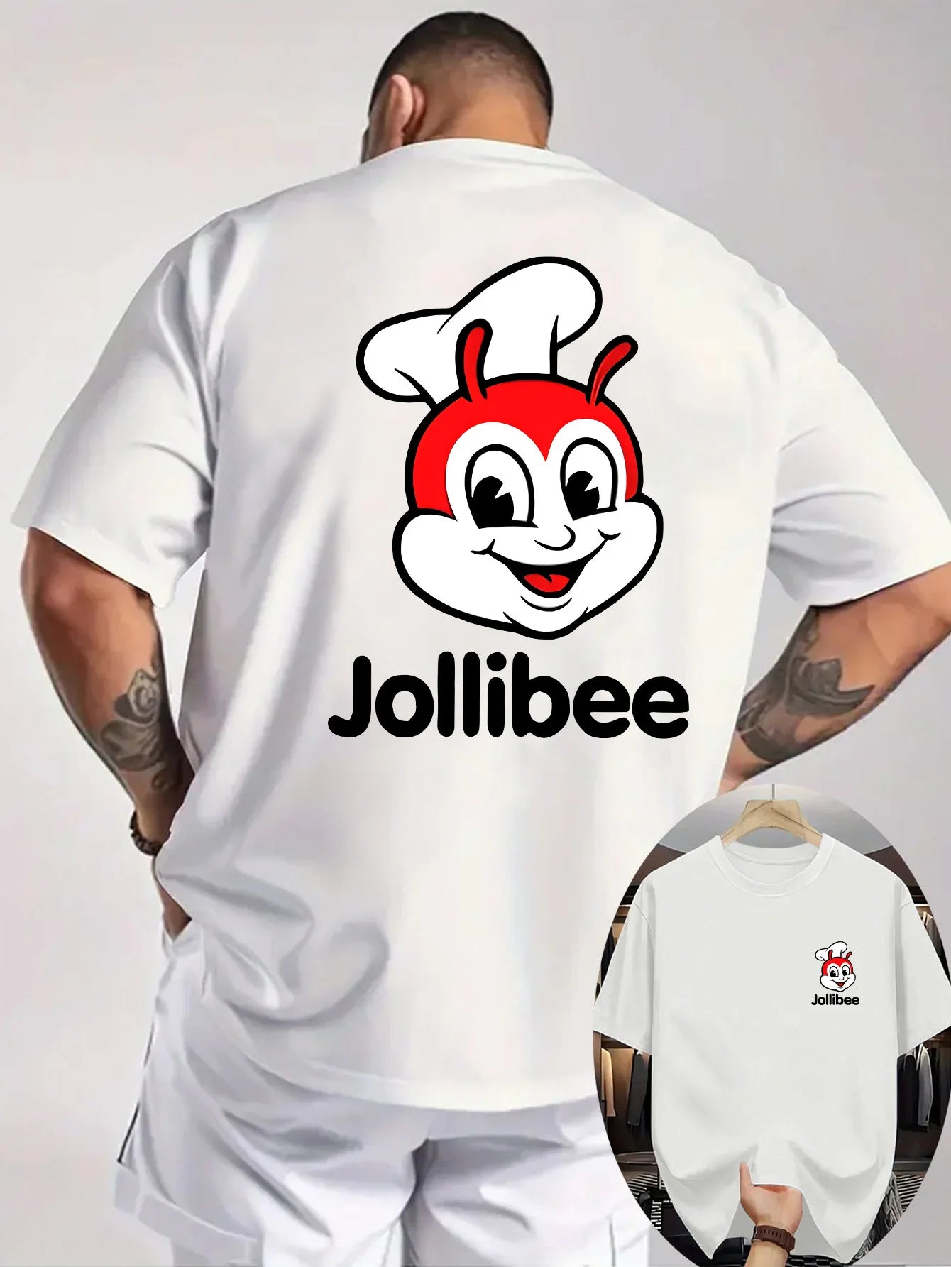 Men's Jollibee Graphic T-Shirt - Funny Foodie Tee with Front & Back Print, Lightweight Knit Fabric Shirt for Summer, Backyard