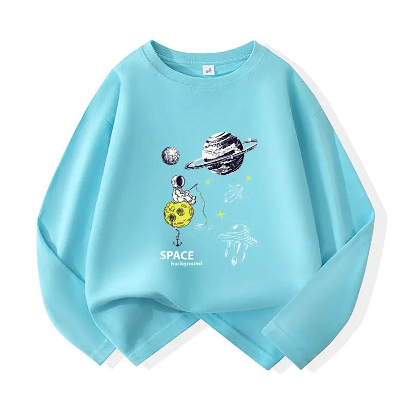 2-12 Year Cotton Boys T-shirts Explore Space Teen Tees Autumn Casual Kids Tshirts Cartoon Print Baby Boys Long Sleeves Tops Tees